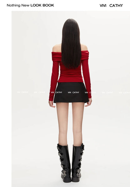 VIVIHY2025 Autumn Retro One-oulder Long Sve Base irt Women Slimming Spicy Red Inner ort Top Commute Casual