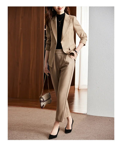 Black Suit Set Women's Workwear Professional Autumn Winter Outfit Small Size Career Outerwear Office Uniform Long Pants