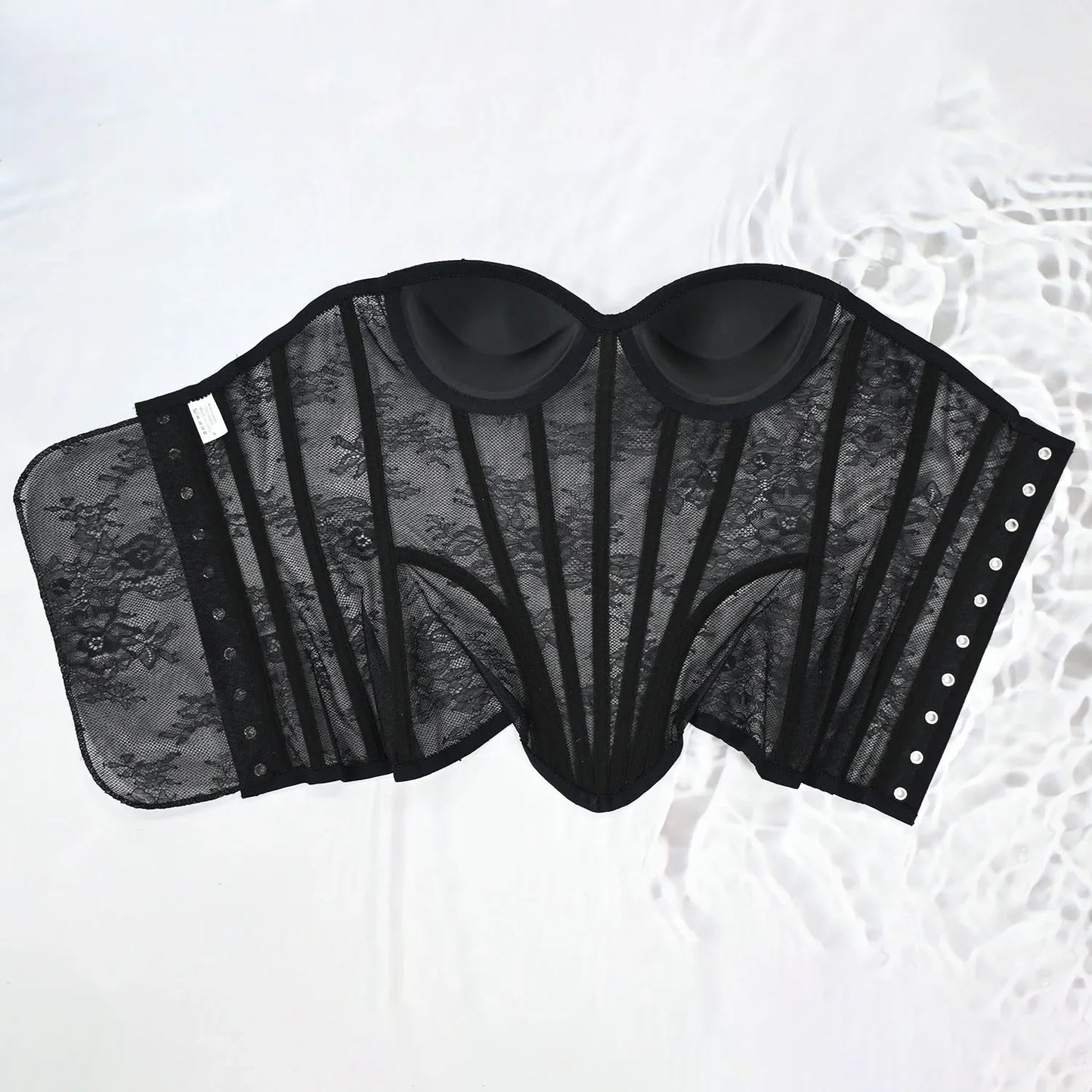 Women Mesh Corset Busiter Overbust Cups Push Breast Floral Lace Bodice Sext Tansparent Strapless Crop Tops Lace Up Steel Boned