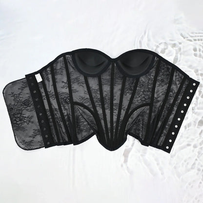 Women Mesh Corset Busiter Overbust Cups Push Breast Floral Lace Bodice Sext Tansparent Strapless Crop Tops Lace Up Steel Boned