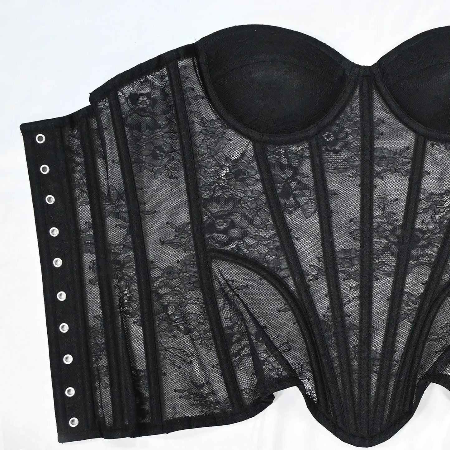 Women Mesh Corset Busiter Overbust Cups Push Breast Floral Lace Bodice Sext Tansparent Strapless Crop Tops Lace Up Steel Boned