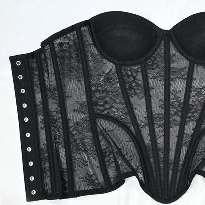 Women Mesh Corset Busiter Overbust Cups Push Breast Floral Lace Bodice Sext Tansparent Strapless Crop Tops Lace Up Steel Boned