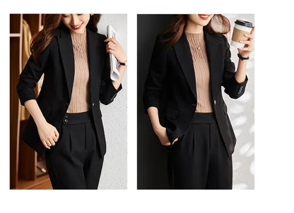 Black Suit Set Women's Workwear Professional Autumn Winter Outfit Small Size Career Outerwear Office Uniform Long Pants