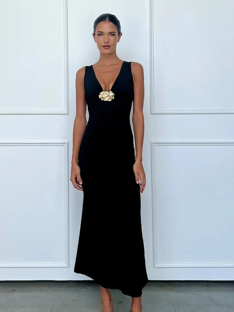 Mozision Elegant Deep V Neck Front Gold Clasp Sexy Maxi Dress For Women Black Gown Sleeveless Slim Fit Long Tank Dress Elegant