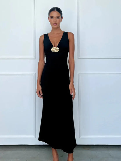 Mozision Elegant Deep V Neck Front Gold Clasp Sexy Maxi Dress For Women Black Gown Sleeveless Slim Fit Long Tank Dress Elegant