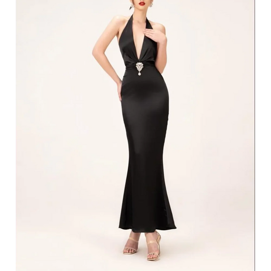 Halter Deep V Neck Cut Out Sexy Women Prom Gown Black Classic Sleeveless Diamond Cystal Decoration Mermaid Party Dress