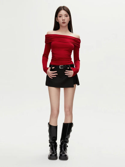 VIVIHY2025 Autumn Retro One-oulder Long Sve Base irt Women Slimming Spicy Red Inner ort Top Commute Casual