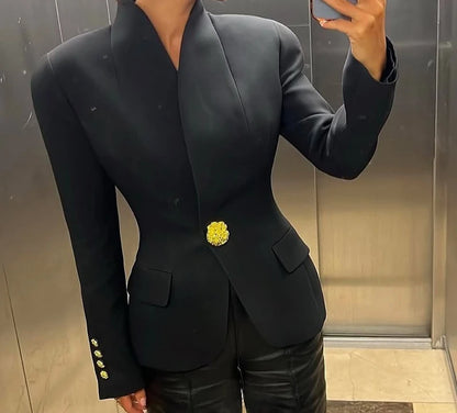 Elegant Blazer Women Fall 2025 Metal Button Suit Slim V Neck Long Sleeve Fake Pocket Jacket Shoulder Pads Office Lady Outwear