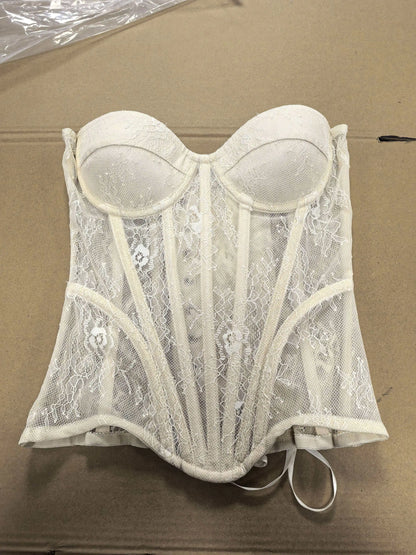 Women Mesh Corset Busiter Overbust Cups Push Breast Floral Lace Bodice Sext Tansparent Strapless Crop Tops Lace Up Steel Boned