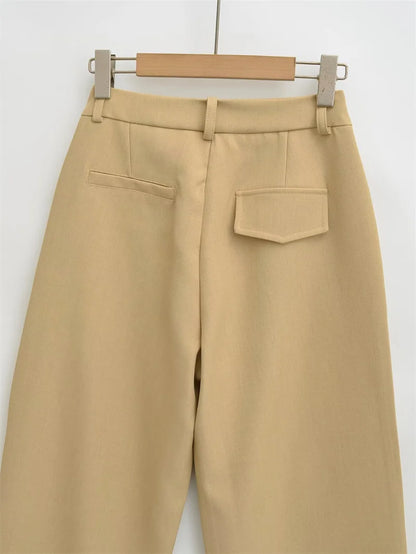 BANA Khaki American Sle Narrow Straight Leg Pants Drapey Loose Fit Trousers High Waist Zipper Closure Straight Leg Pants