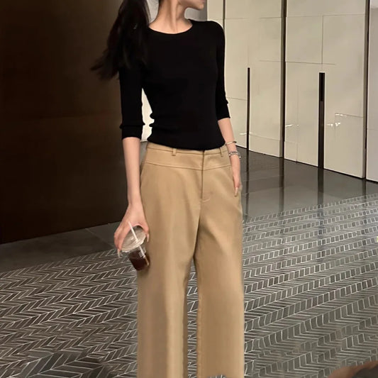 Vintage Loose Straight Leg Khaki Pants Casual Trousers for Women Elegant Nerd Aesthetic Minimalist Comfortable Long Pants