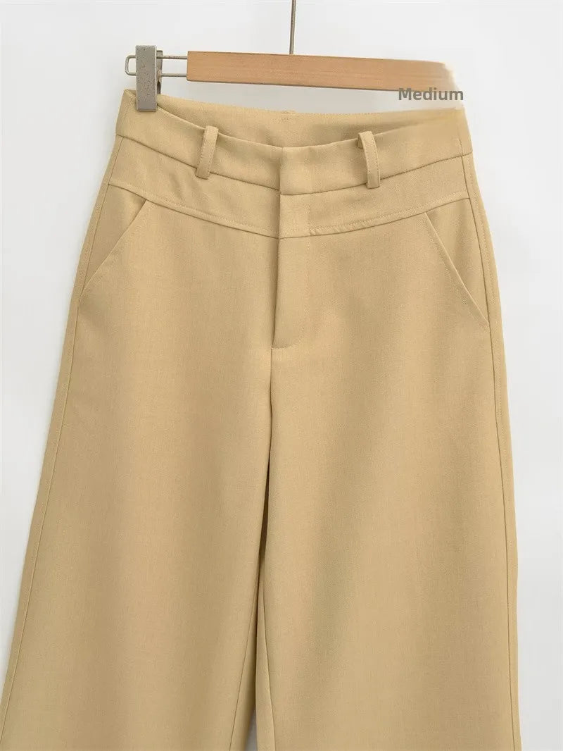 BANA Khaki American Sle Narrow Straight Leg Pants Drapey Loose Fit Trousers High Waist Zipper Closure Straight Leg Pants