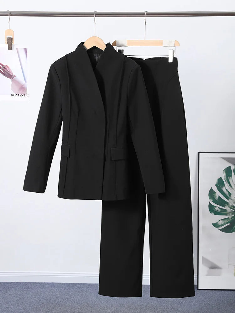 Elegant Blazer Pants Set Women Solid V-neck Long Sleeve Button Coat Wide Leg Trousers 2026 Spring Fashion Office Lady Outfits