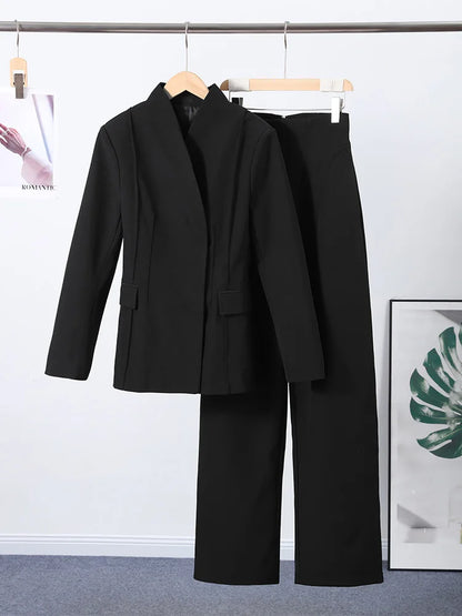 Elegant Blazer Pants Set Women Solid V-neck Long Sleeve Button Coat Wide Leg Trousers 2026 Spring Fashion Office Lady Outfits