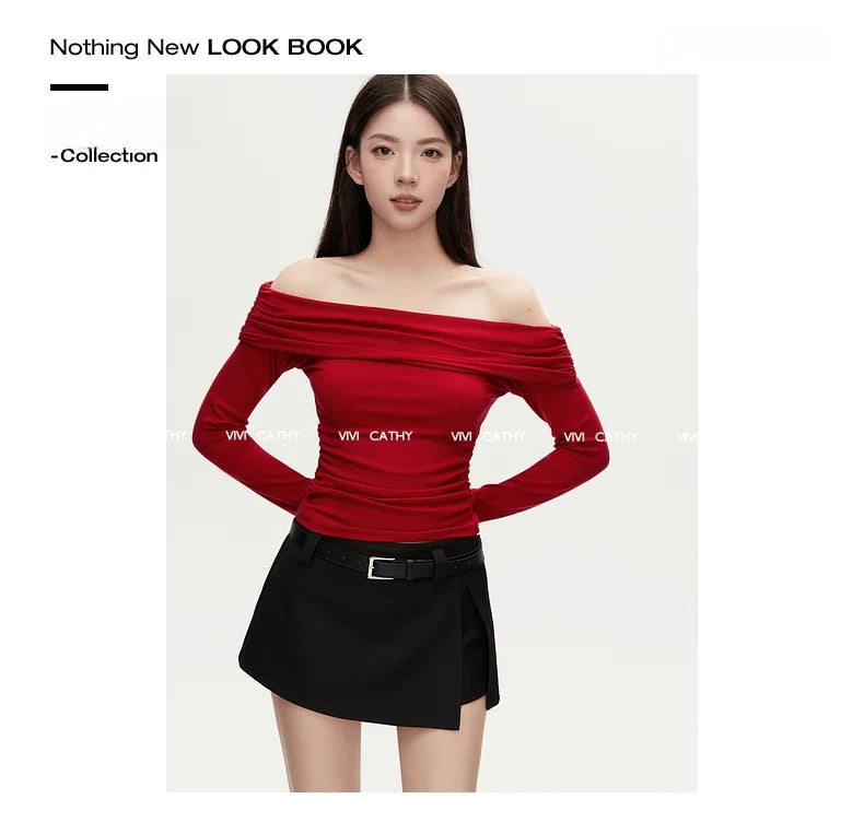 VIVIHY2025 Autumn Retro One-oulder Long Sve Base irt Women Slimming Spicy Red Inner ort Top Commute Casual