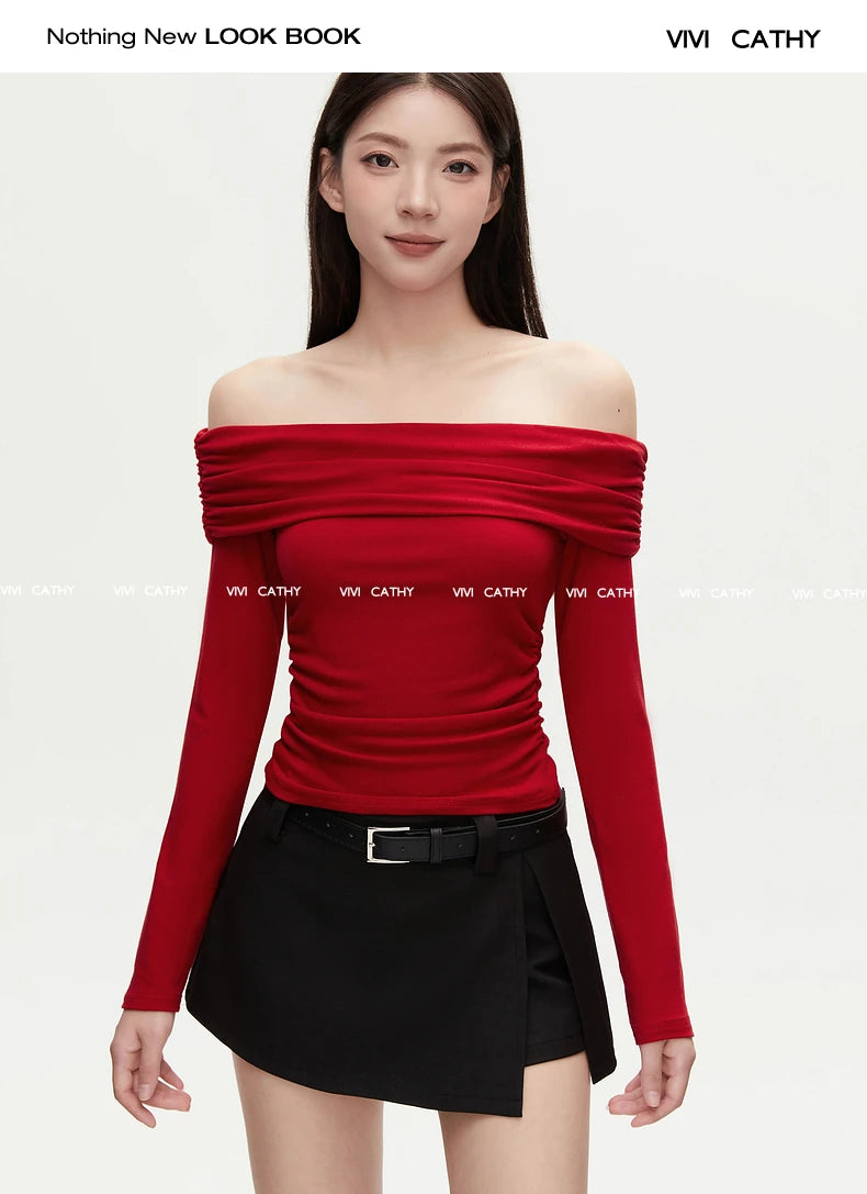 VIVIHY2025 Autumn Retro One-oulder Long Sve Base irt Women Slimming Spicy Red Inner ort Top Commute Casual