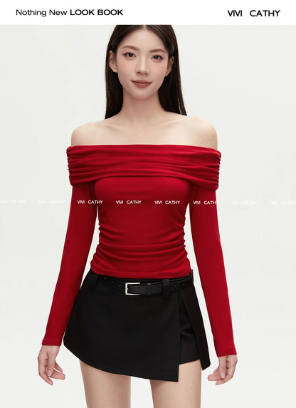 VIVIHY2025 Autumn Retro One-oulder Long Sve Base irt Women Slimming Spicy Red Inner ort Top Commute Casual