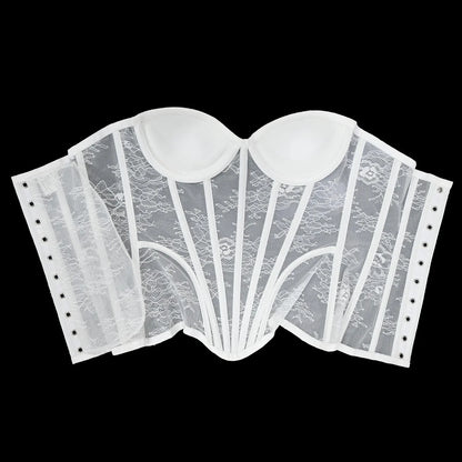 Women Mesh Corset Busiter Overbust Cups Push Breast Floral Lace Bodice Sext Tansparent Strapless Crop Tops Lace Up Steel Boned