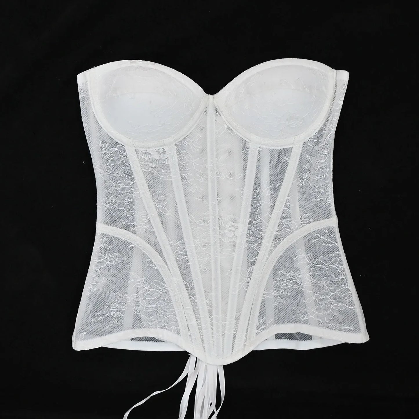 Women Mesh Corset Busiter Overbust Cups Push Breast Floral Lace Bodice Sext Tansparent Strapless Crop Tops Lace Up Steel Boned