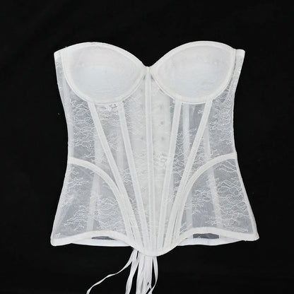 Women Mesh Corset Busiter Overbust Cups Push Breast Floral Lace Bodice Sext Tansparent Strapless Crop Tops Lace Up Steel Boned