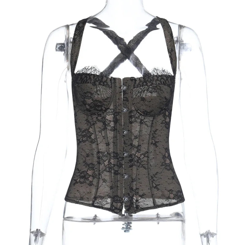 Women Fashion Elegant Lace See Through Skinny Mini Y2K Underwear Corset Crop Tops 2025 Sleeveless Sexy Club Slim Fit Tank Top