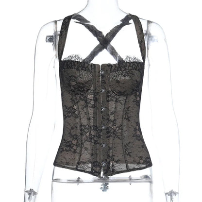 Women Fashion Elegant Lace See Through Skinny Mini Y2K Underwear Corset Crop Tops 2025 Sleeveless Sexy Club Slim Fit Tank Top