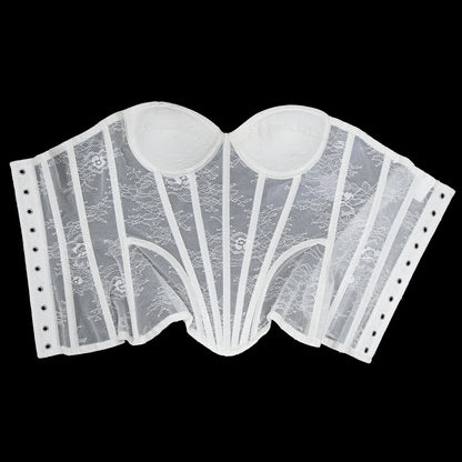 Women Fancy Corset Busiter Overbust Cups Push Breast Floral Lace Bodice Sext Tansparent Strapless Crop Tops Lace Up Steel Boned