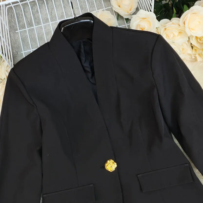 Elegant Blazer Women Fall 2025 Metal Button Suit Slim V Neck Long Sleeve Fake Pocket Jacket Shoulder Pads Office Lady Outwear