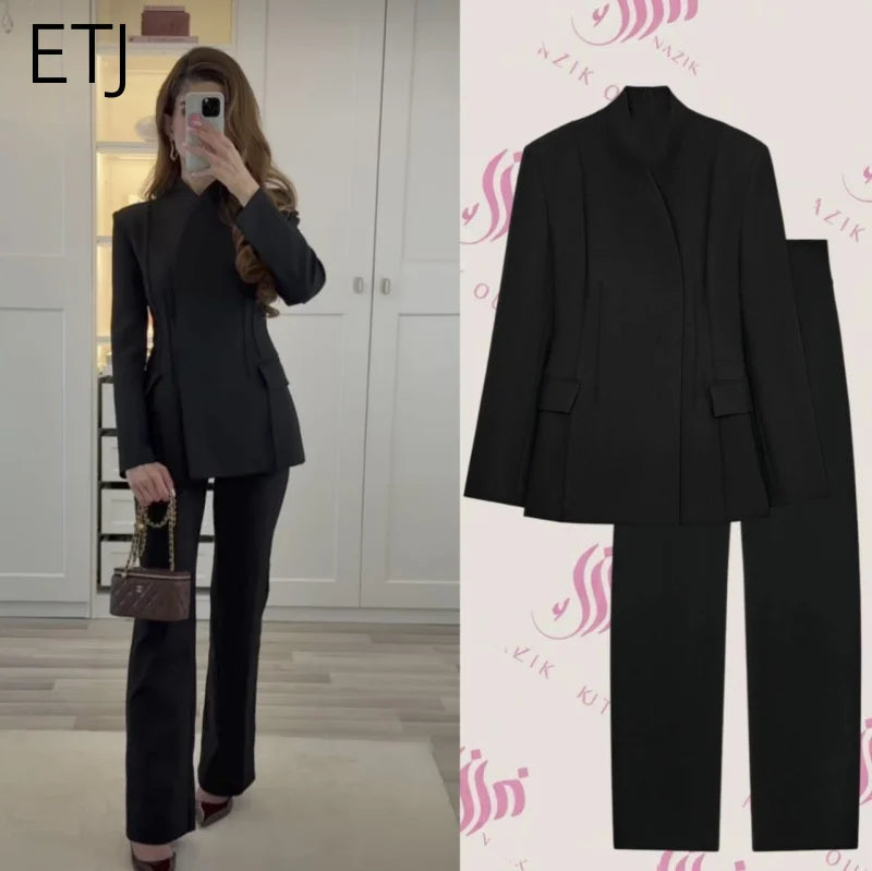ETJ 2025 women's new fashion design three-dimensional cut high collar slim suit jacket & matching casual trousers