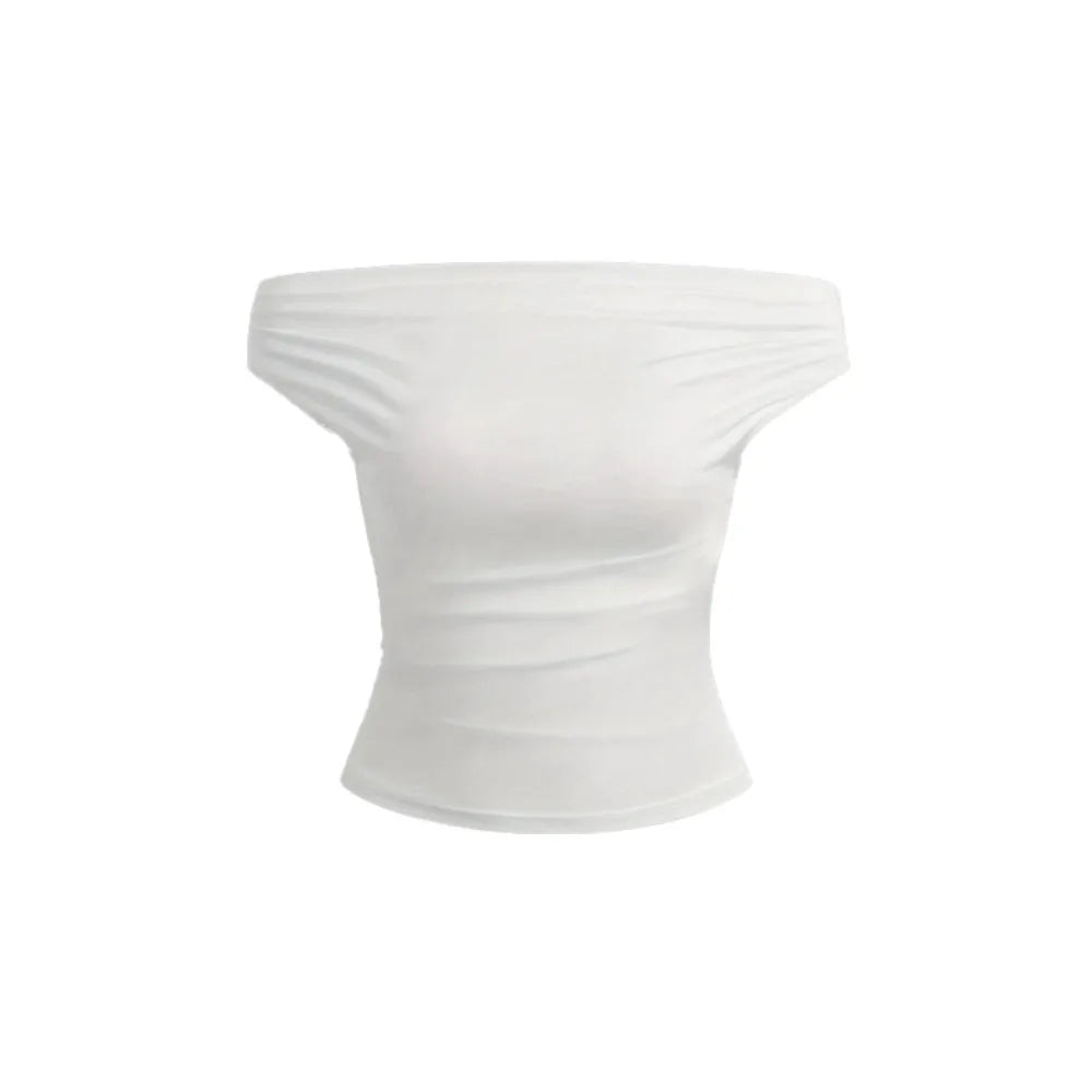 2 Piece Set Pleated Asymmetric Crop Top Woman T-shirts Strapless Top Female Sleeveless Sexy Tops Womens Cloth Fashion Streetwear