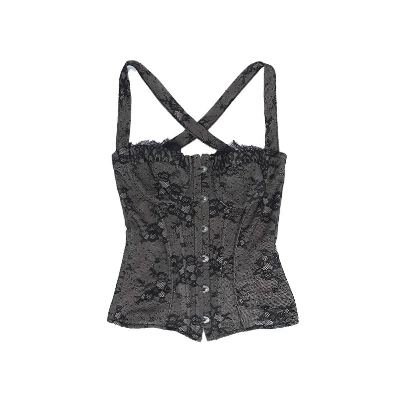 Women Fashion Elegant Lace See Through Skinny Mini Y2K Underwear Corset Crop Tops 2025 Sleeveless Sexy Club Slim Fit Tank Top