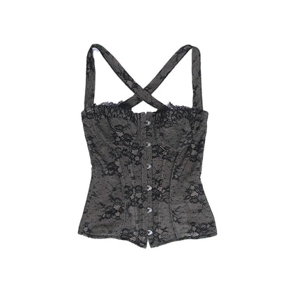 Women Fashion Elegant Lace See Through Skinny Mini Y2K Underwear Corset Crop Tops 2025 Sleeveless Sexy Club Slim Fit Tank Top