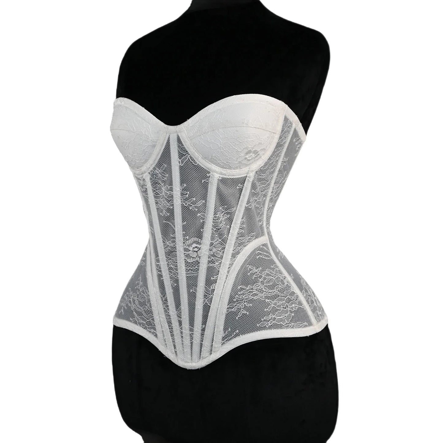 Women Mesh Corset Busiter Overbust Cups Push Breast Floral Lace Bodice Sext Tansparent Strapless Crop Tops Lace Up Steel Boned