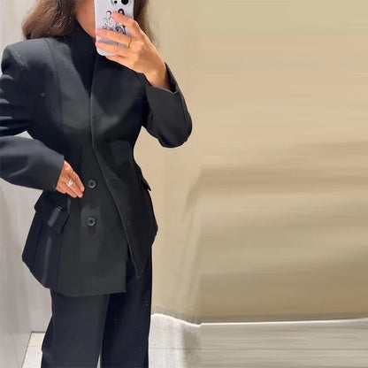 Elegant Blazer Pants Set Women Solid V-neck Long Sleeve Button Coat Wide Leg Trousers 2026 Spring Fashion Office Lady Outfits