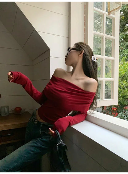 Women Off Shoulder Long Sleeve Knitted T-shirt Sexy Tops Solid Elegant Autumn Winter New Spicy Girl Slim Fit Short Red Crop Top