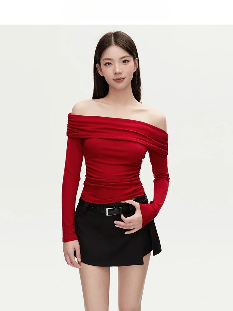 VIVIHY2025 Autumn Retro One-oulder Long Sve Base irt Women Slimming Spicy Red Inner ort Top Commute Casual