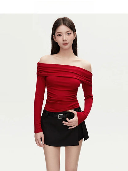 VIVIHY2025 Autumn Retro One-oulder Long Sve Base irt Women Slimming Spicy Red Inner ort Top Commute Casual