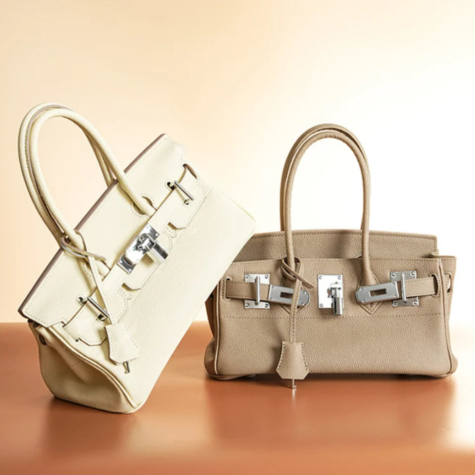 Women's Genuine Leather Fashion Handbag Top Handle Pure Color Casual Tote for Ladies Functional Commuting Shoulder Bags