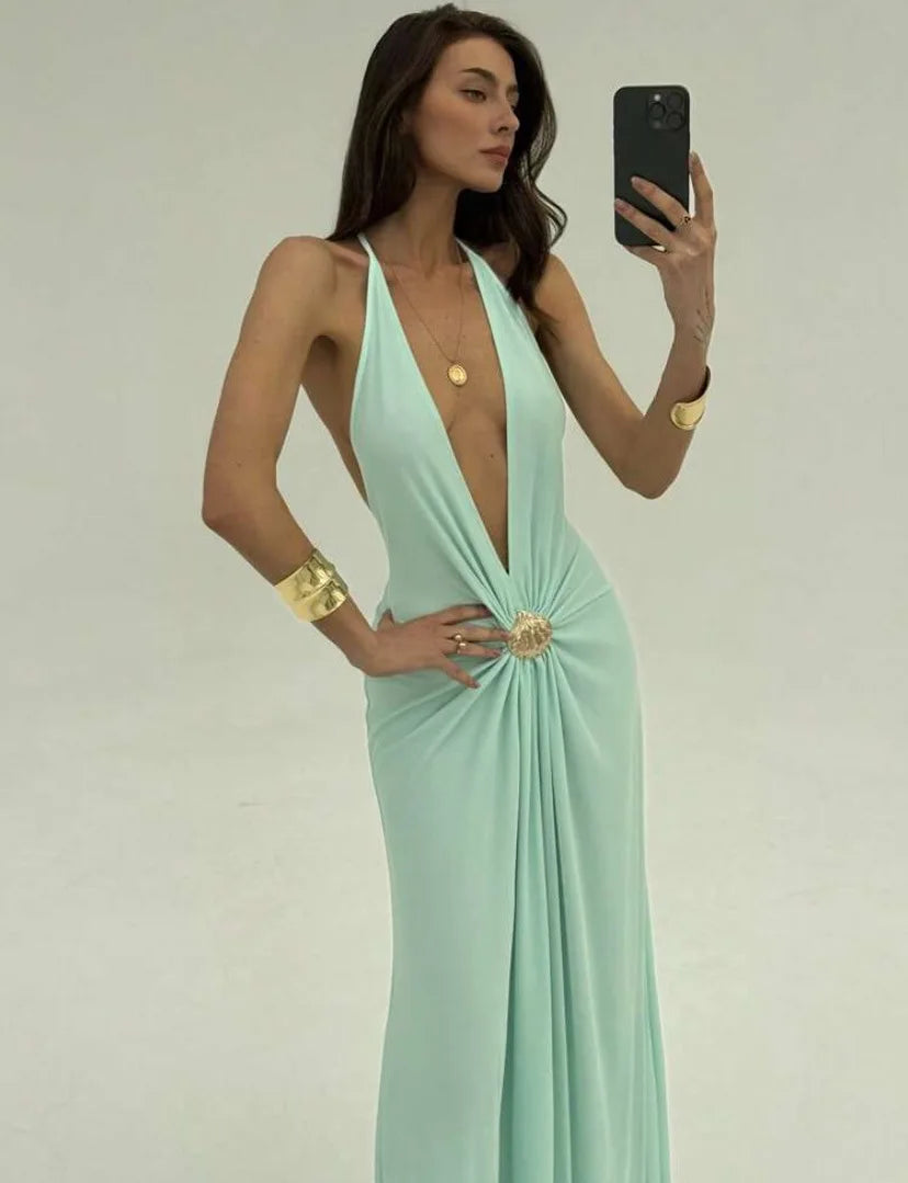 Sexy Deep V Backless Patchwork Long Dress Women's G25D253-2025 Cross-Border New Style Polyester Spandex High Waist Sleeveless