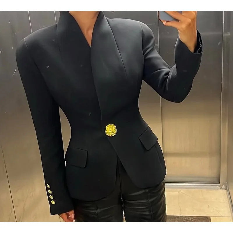 Elegant Blazer Women Fall 2025 Metal Button Suit Slim V Neck Long Sleeve Fake Pocket Jacket Shoulder Pads Office Lady Outwear