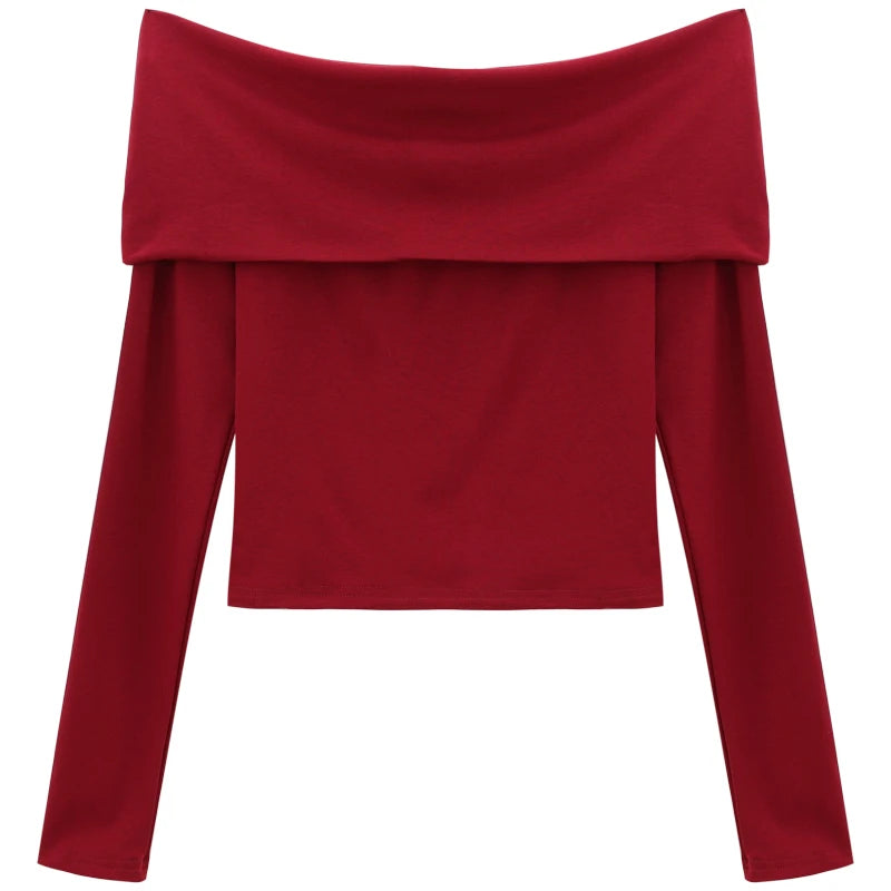Sexy Tops Off Shoulder Long Sleeve Crop Top Women's Autumn/Winter 2024 New Spicy Girl Slim Fit Short Red T-shirt