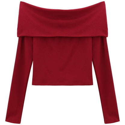 Sexy Tops Off Shoulder Long Sleeve Crop Top Women's Autumn/Winter 2024 New Spicy Girl Slim Fit Short Red T-shirt