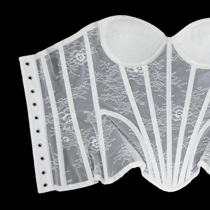 Women Mesh Corset Busiter Overbust Cups Push Breast Floral Lace Bodice Sext Tansparent Strapless Crop Tops Lace Up Steel Boned
