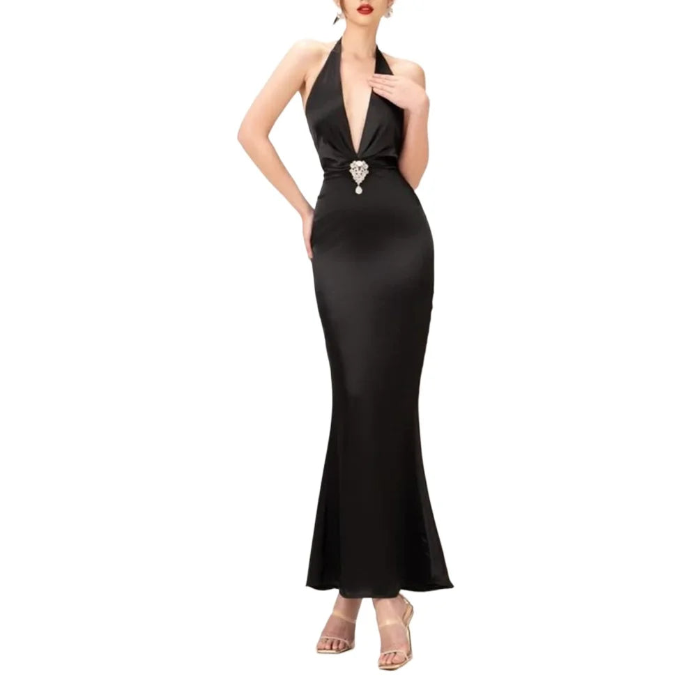 Halter Deep V Neck Cut Out Sexy Women Prom Gown Black Classic Sleeveless Diamond Cystal Decoration Mermaid Party Dress