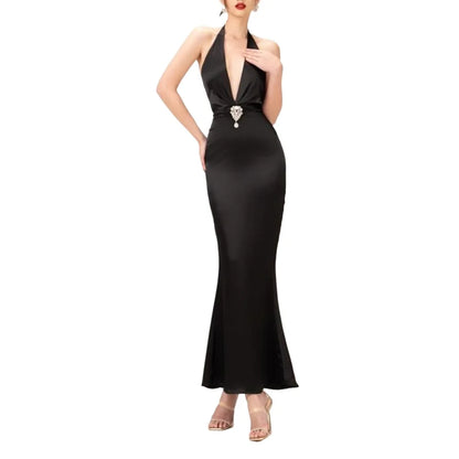 Halter Deep V Neck Cut Out Sexy Women Prom Gown Black Classic Sleeveless Diamond Cystal Decoration Mermaid Party Dress